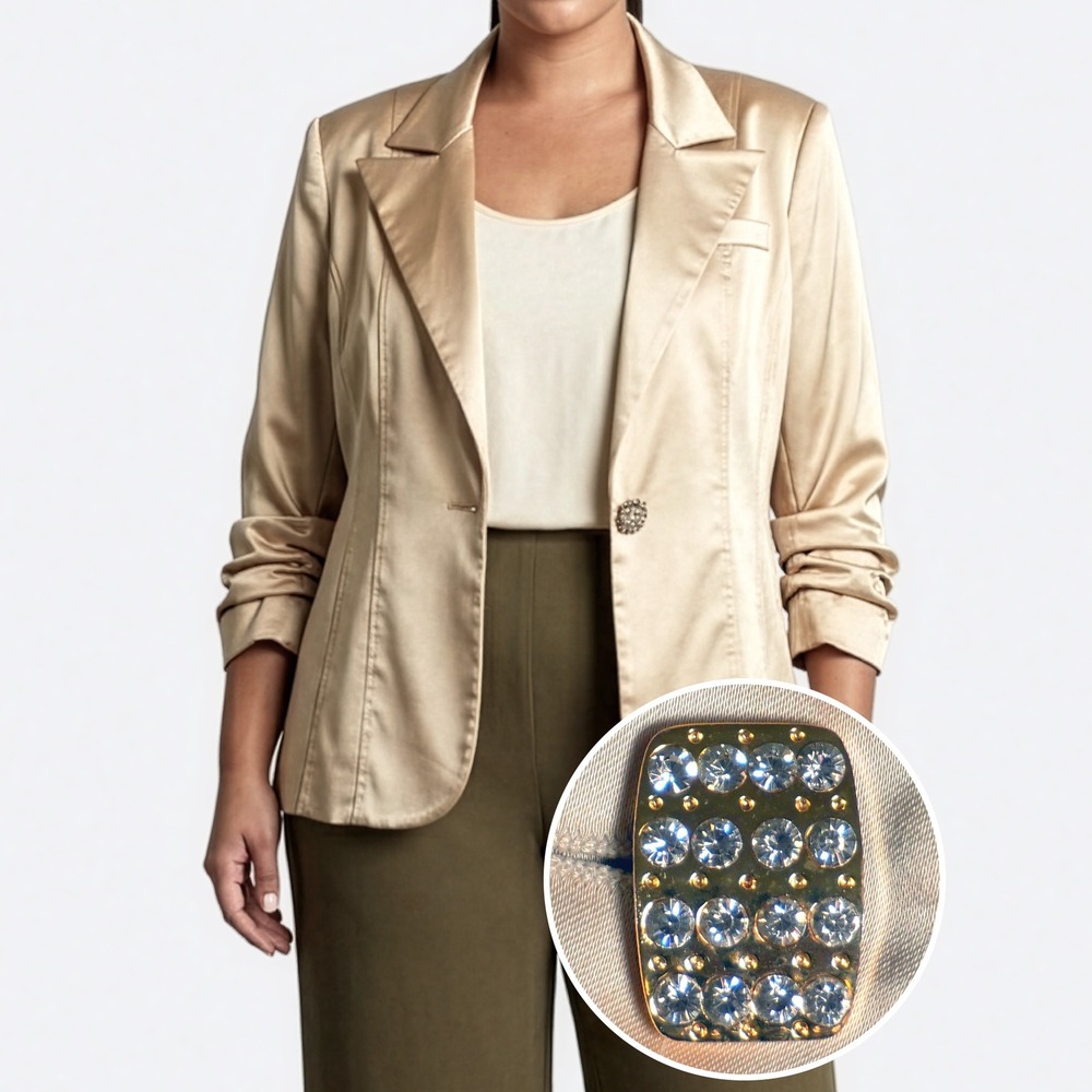 Cache Gold Satin Blazer Champagne Tailored Jacket Crystal Button Plus 0X Large